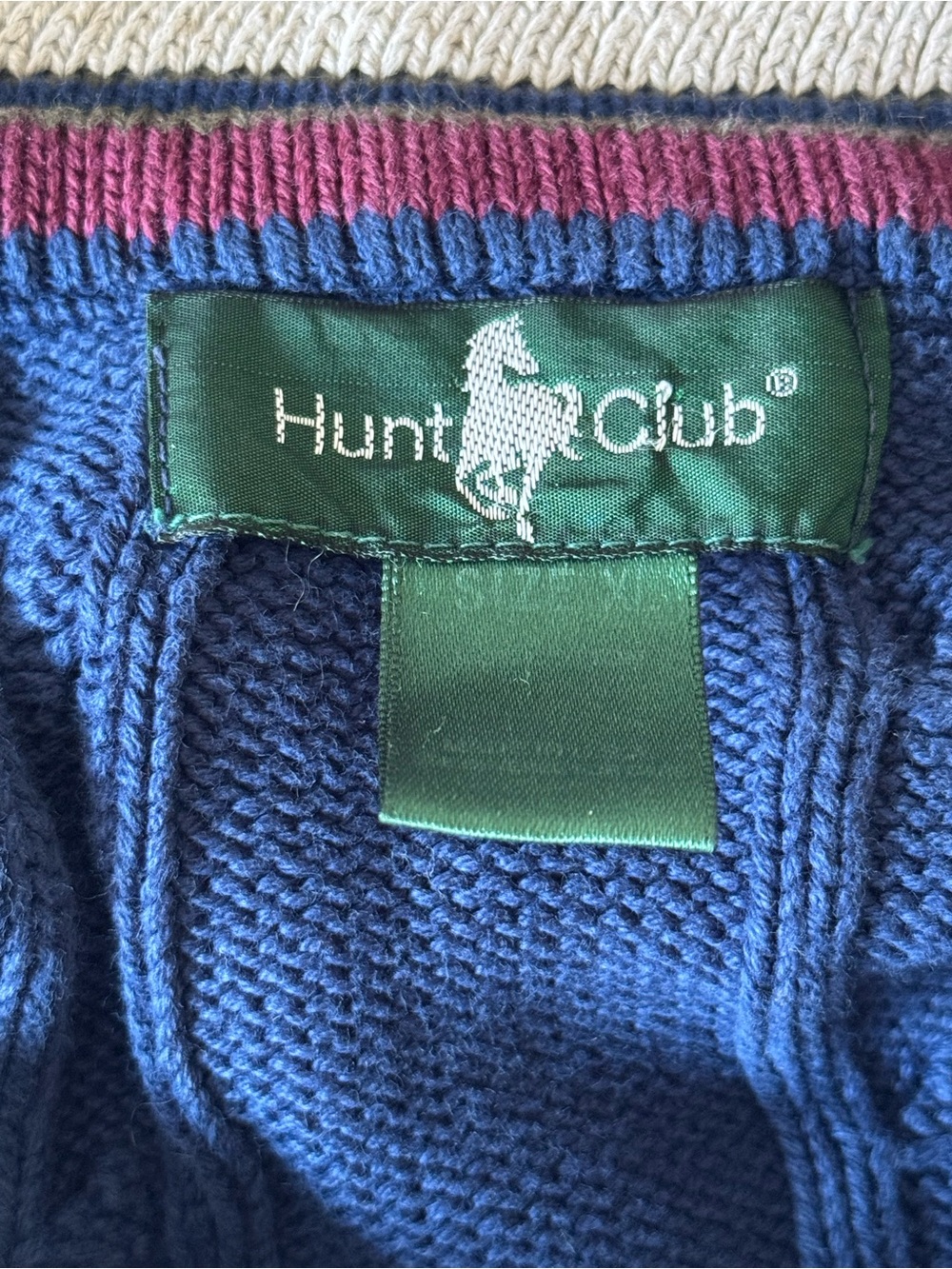 Hunt Club Navy V-Neck Cable Knit Sweater with Cream & Burgundy Trim - Picture 2 of 2